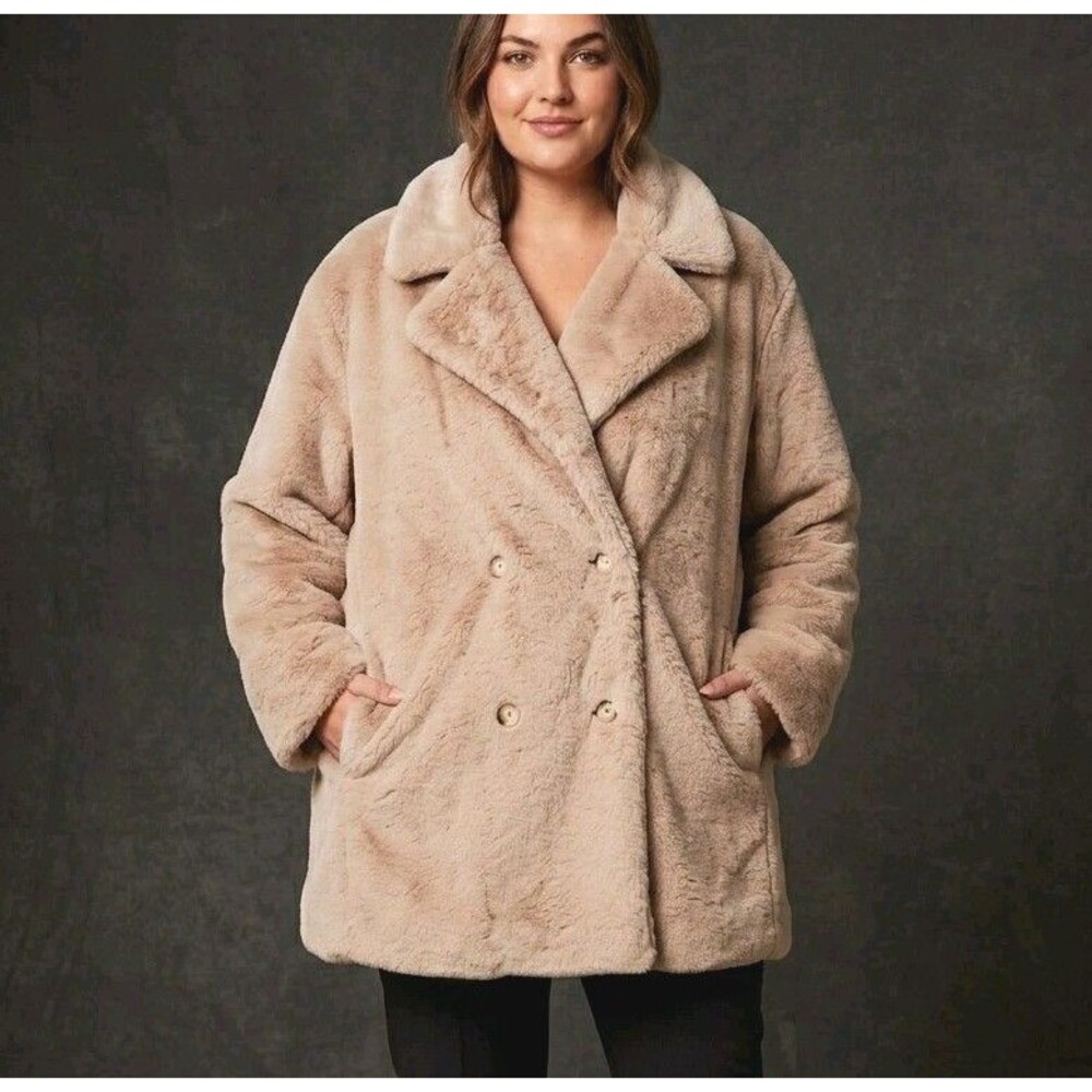 Altar'd State Faux Fur Coat Women's Size L Taupe Beige Double Breasted NWT $120 - Picture 1 of 16